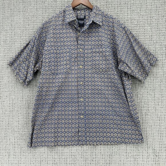Knightsbridge Shirt Mens Size Large Blue Yellow Button Down Batik Short Sleeve - Picture 1 of 9